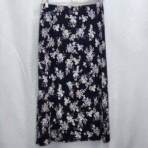 J Jill Floral Knit Midi Skirt Womens XS Petite XSP Navy Blue A Line Casual OO09X